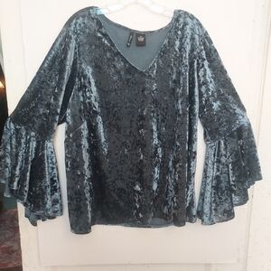 New Directions Womens 2X Blue V Neck Velour Top Holiday Party